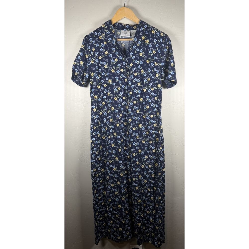 Women’s Studio Ease Petite Size10 Navy Blue Summer Floral Button Down Maxi Dress